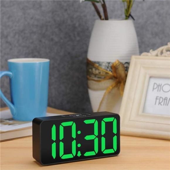 Digital Alarm Clock with USB Port for Charging, 0-100% Brightness Dimmer, Green - Picture 2 of 5
